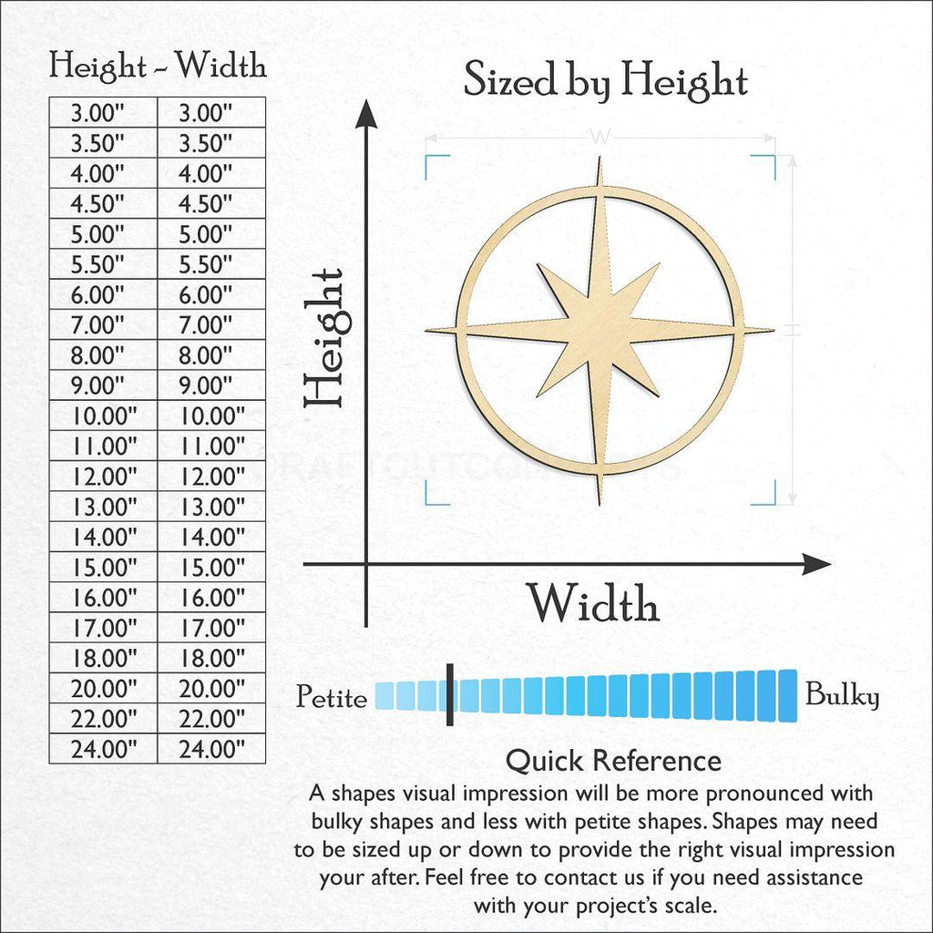 Sizes available for a laser cut Compass Rose Star craft blank