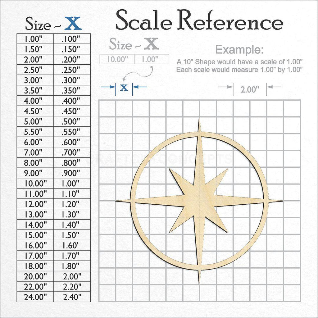 A scale and graph image showing a wood Compass Rose Star craft blank