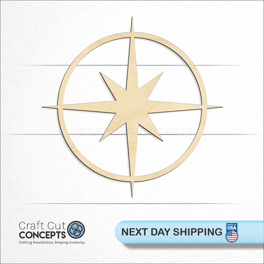 Craft Cut Concepts logo and next day shipping banner with an unfinished wood Compass Rose Star craft shape and blank