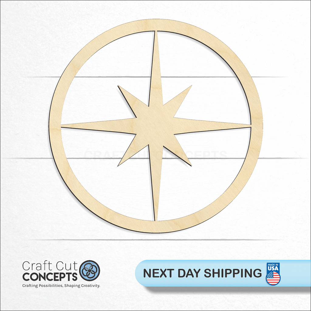 Craft Cut Concepts logo and next day shipping banner with an unfinished wood Circled Star craft shape and blank