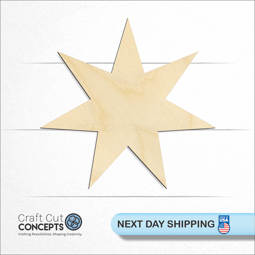 Craft Cut Concepts logo and next day shipping banner with an unfinished wood 7-Point Star craft shape and blank