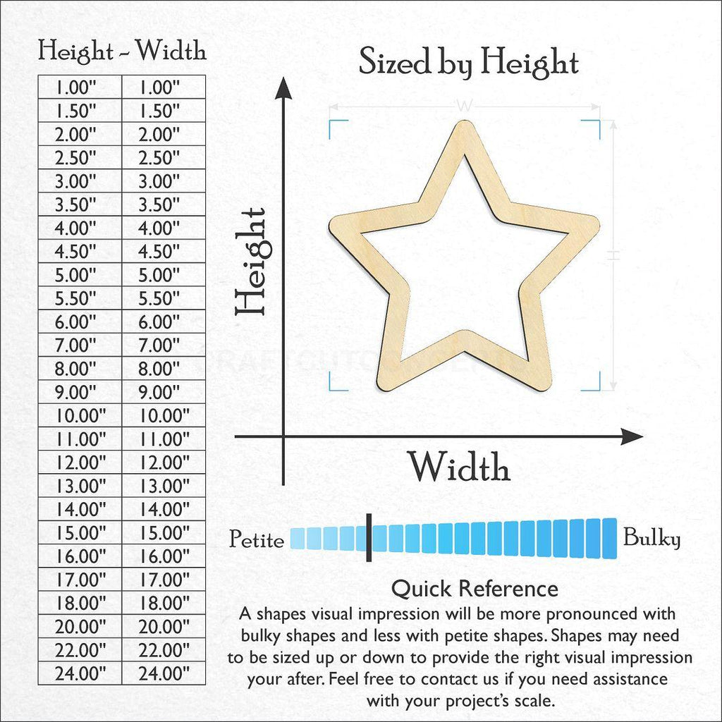 Sizes available for a laser cut Star Outline craft blank