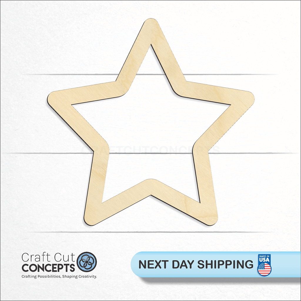 Craft Cut Concepts logo and next day shipping banner with an unfinished wood Star Outline craft shape and blank