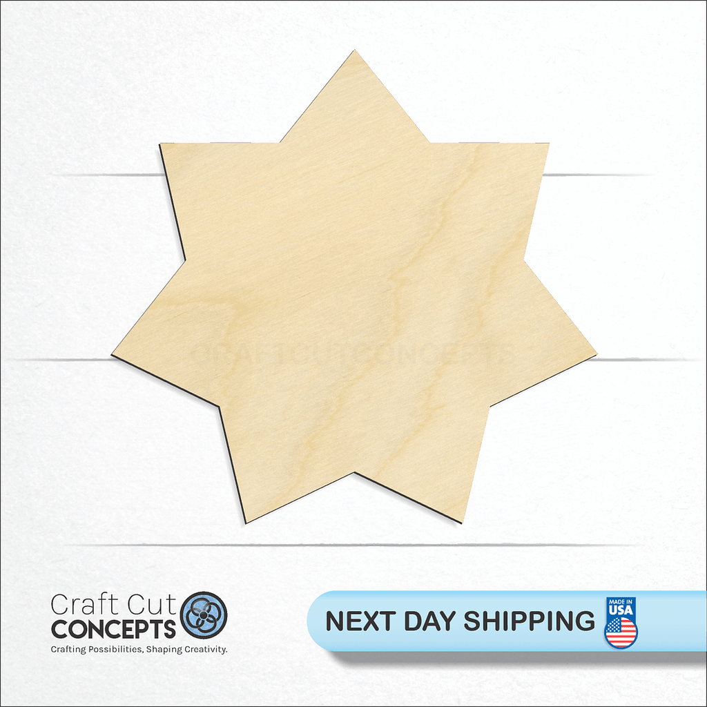 Craft Cut Concepts logo and next day shipping banner with an unfinished wood Star 7 point flower craft shape and blank