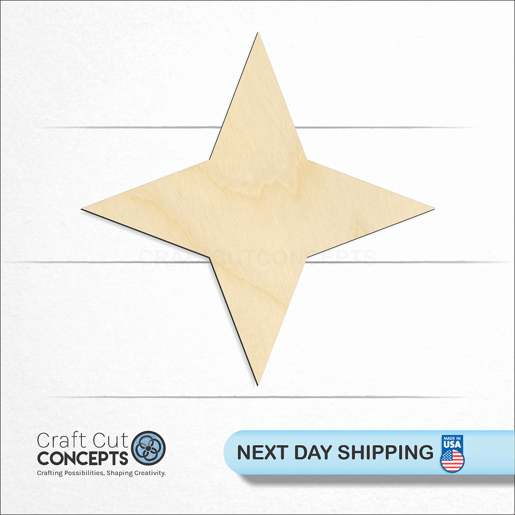 Craft Cut Concepts logo and next day shipping banner with an unfinished wood 4-Point Star craft shape and blank