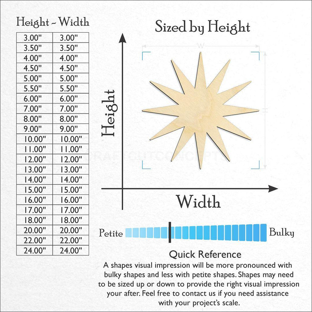 Sizes available for a laser cut 12-Point Star craft blank