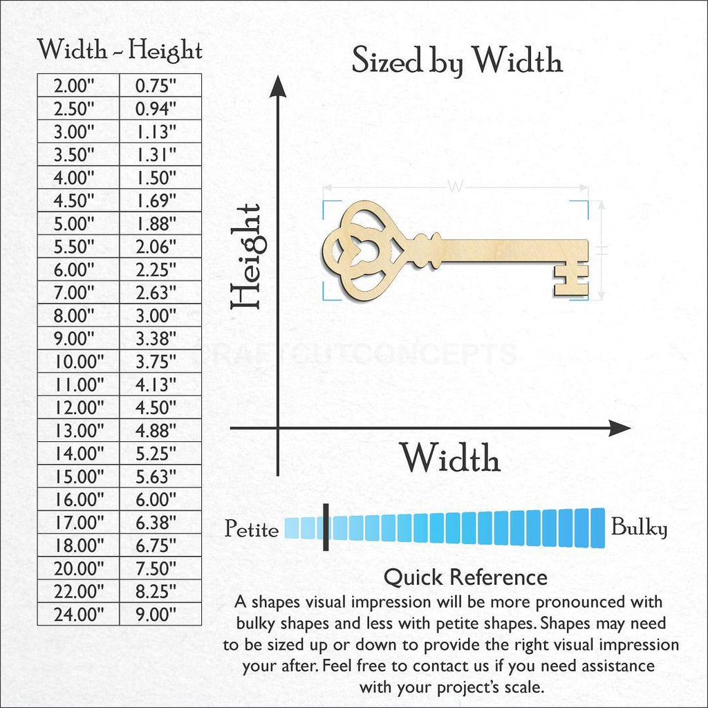 Sizes available for a laser cut Skeleton Key-2 craft blank