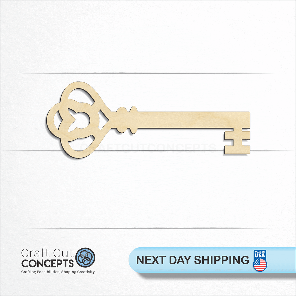 Craft Cut Concepts logo and next day shipping banner with an unfinished wood Skeleton Key-2 craft shape and blank