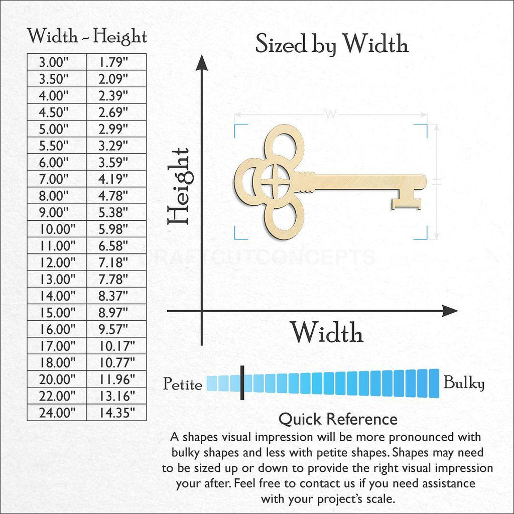 Sizes available for a laser cut Skeleton Key-3 craft blank