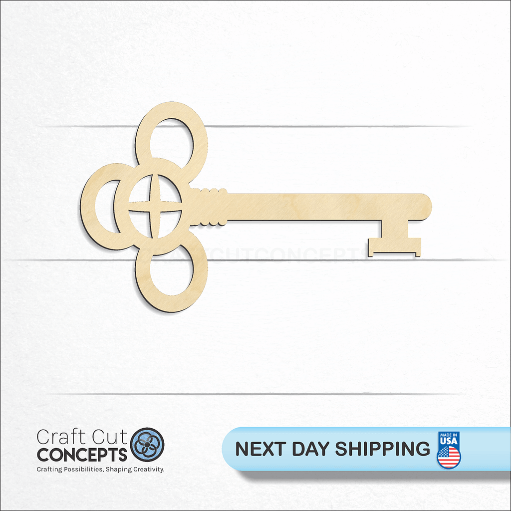 Craft Cut Concepts logo and next day shipping banner with an unfinished wood Skeleton Key-3 craft shape and blank