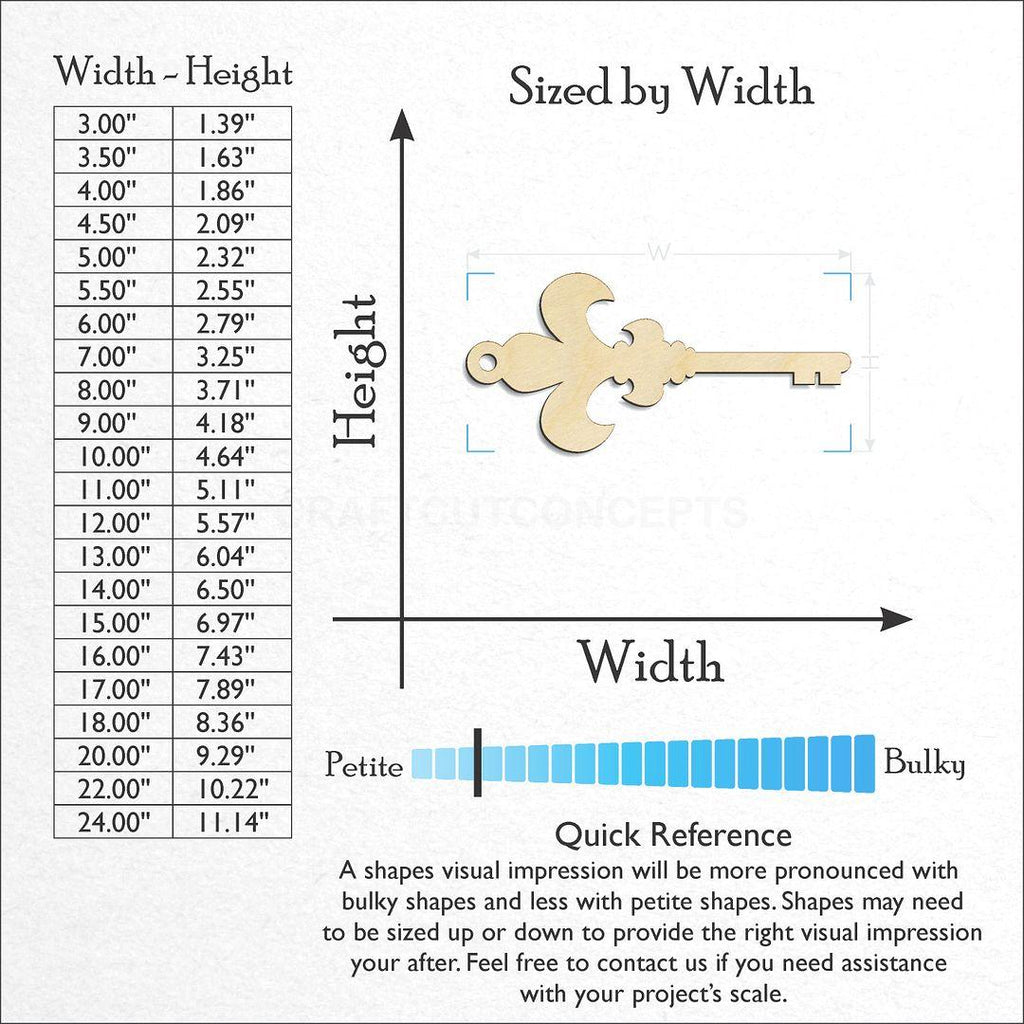 Sizes available for a laser cut Skeleton Key-4 craft blank