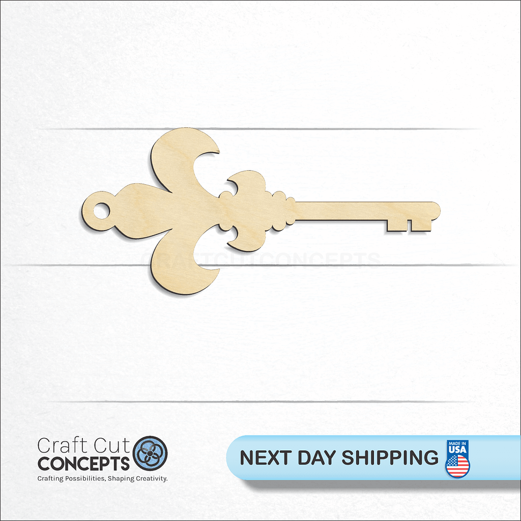 Craft Cut Concepts logo and next day shipping banner with an unfinished wood Skeleton Key-4 craft shape and blank