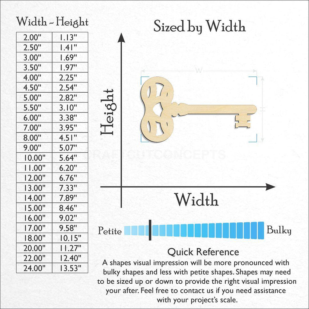 Sizes available for a laser cut Skeleton Key-5 craft blank