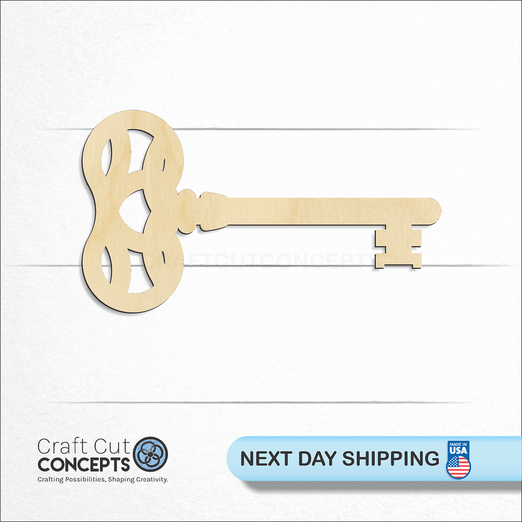 Craft Cut Concepts logo and next day shipping banner with an unfinished wood Skeleton Key-5 craft shape and blank