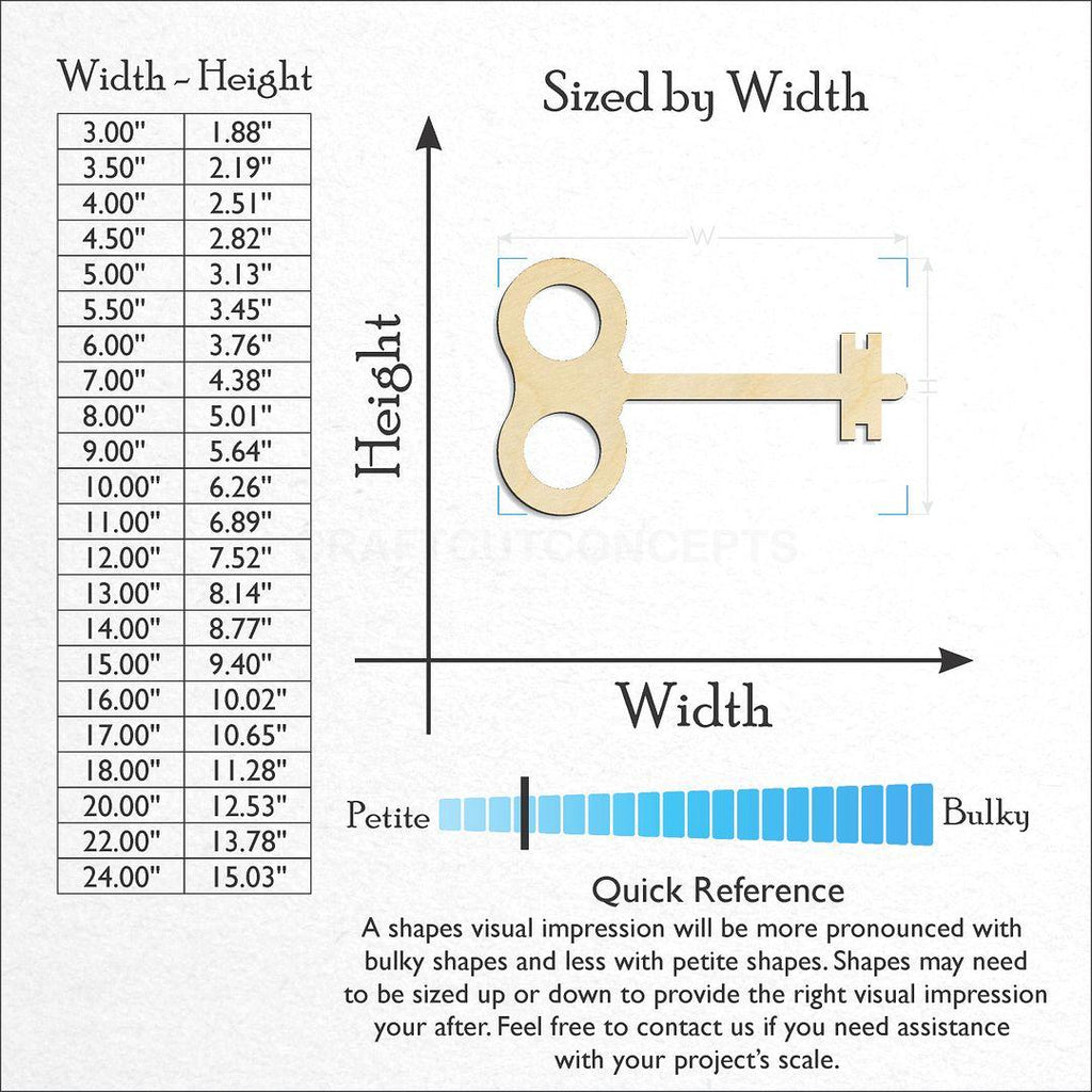 Sizes available for a laser cut Skeleton Key-6 craft blank