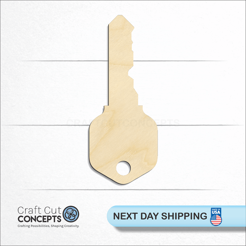 Craft Cut Concepts logo and next day shipping banner with an unfinished wood House Key craft shape and blank