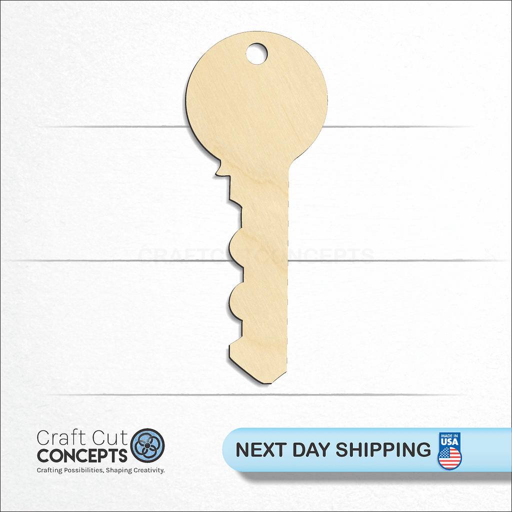 Craft Cut Concepts logo and next day shipping banner with an unfinished wood Key craft shape and blank