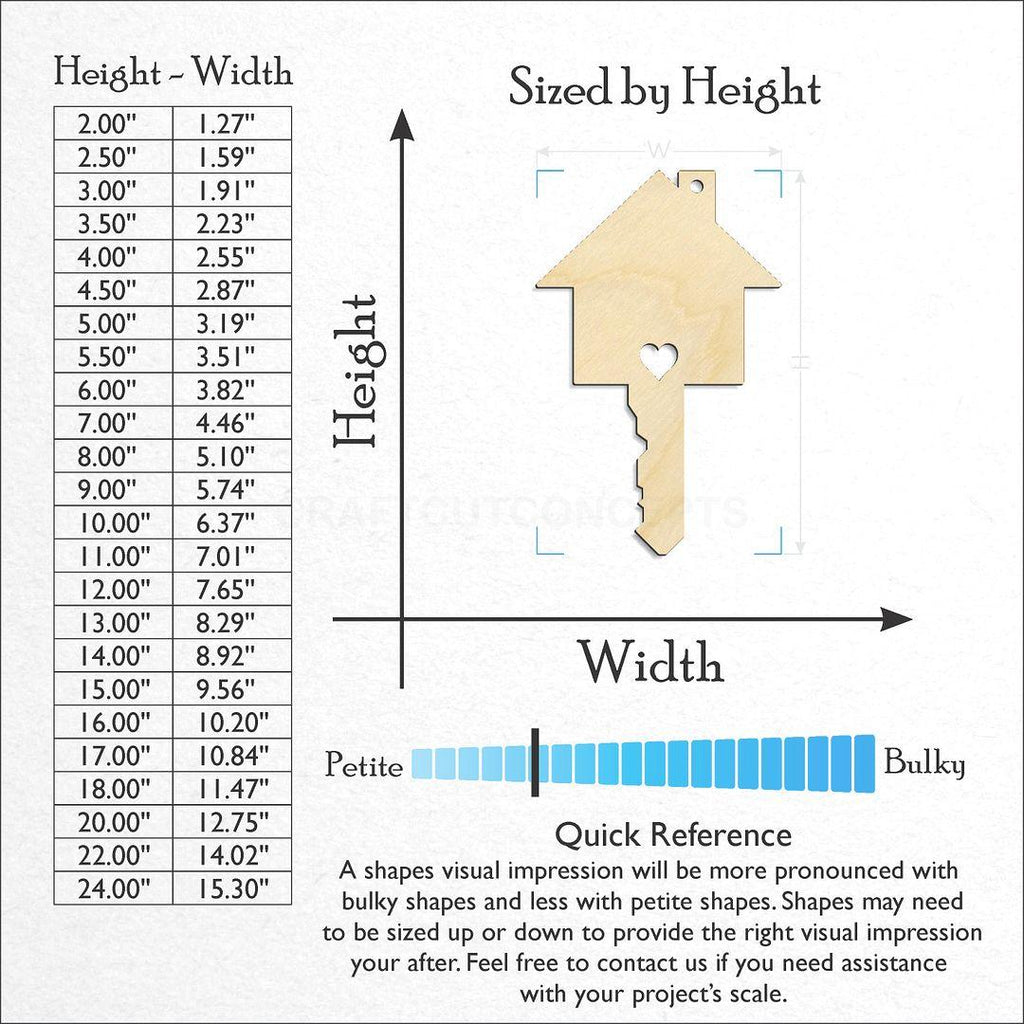 Sizes available for a laser cut House Top Key craft blank