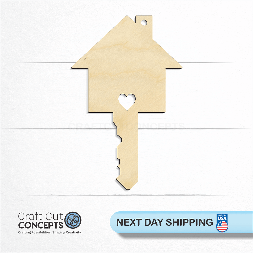 Craft Cut Concepts logo and next day shipping banner with an unfinished wood House Top Key craft shape and blank