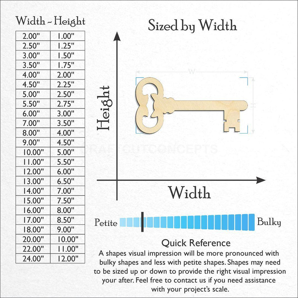 Sizes available for a laser cut Skeleton Key craft blank