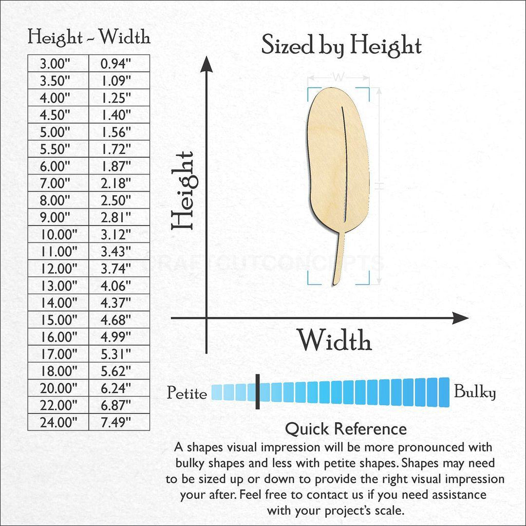 Sizes available for a laser cut Feather-2 craft blank