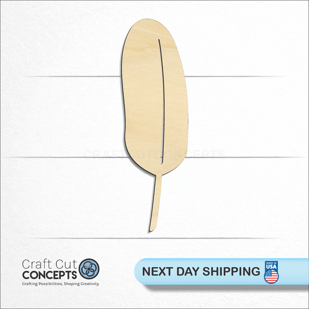 Craft Cut Concepts logo and next day shipping banner with an unfinished wood Feather-2 craft shape and blank