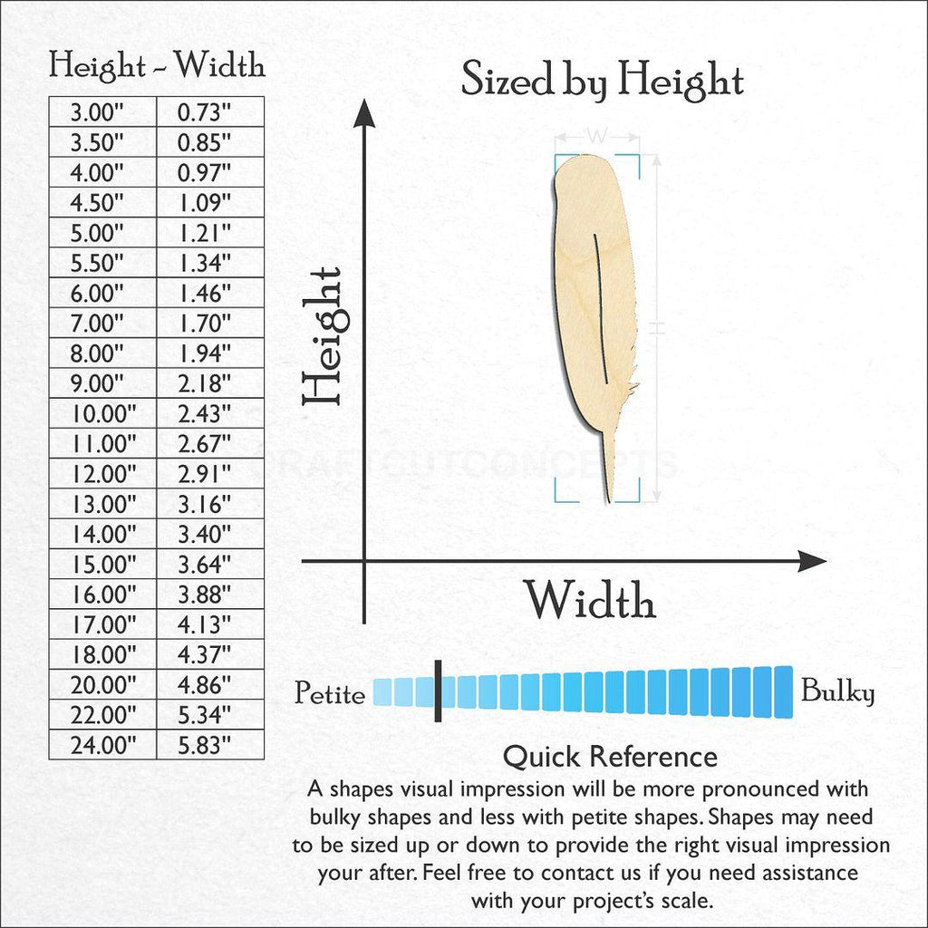 Sizes available for a laser cut Feather-3 craft blank