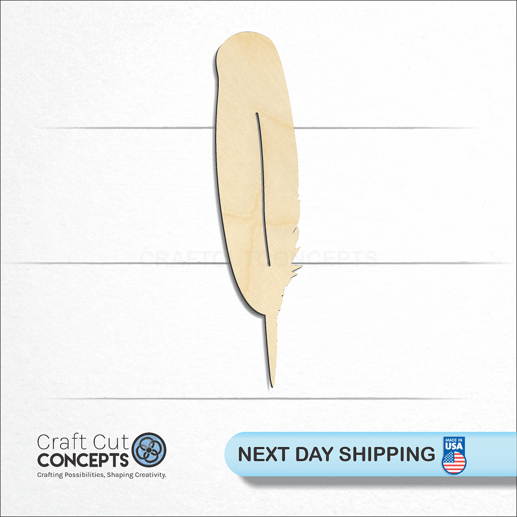 Craft Cut Concepts logo and next day shipping banner with an unfinished wood Feather-3 craft shape and blank