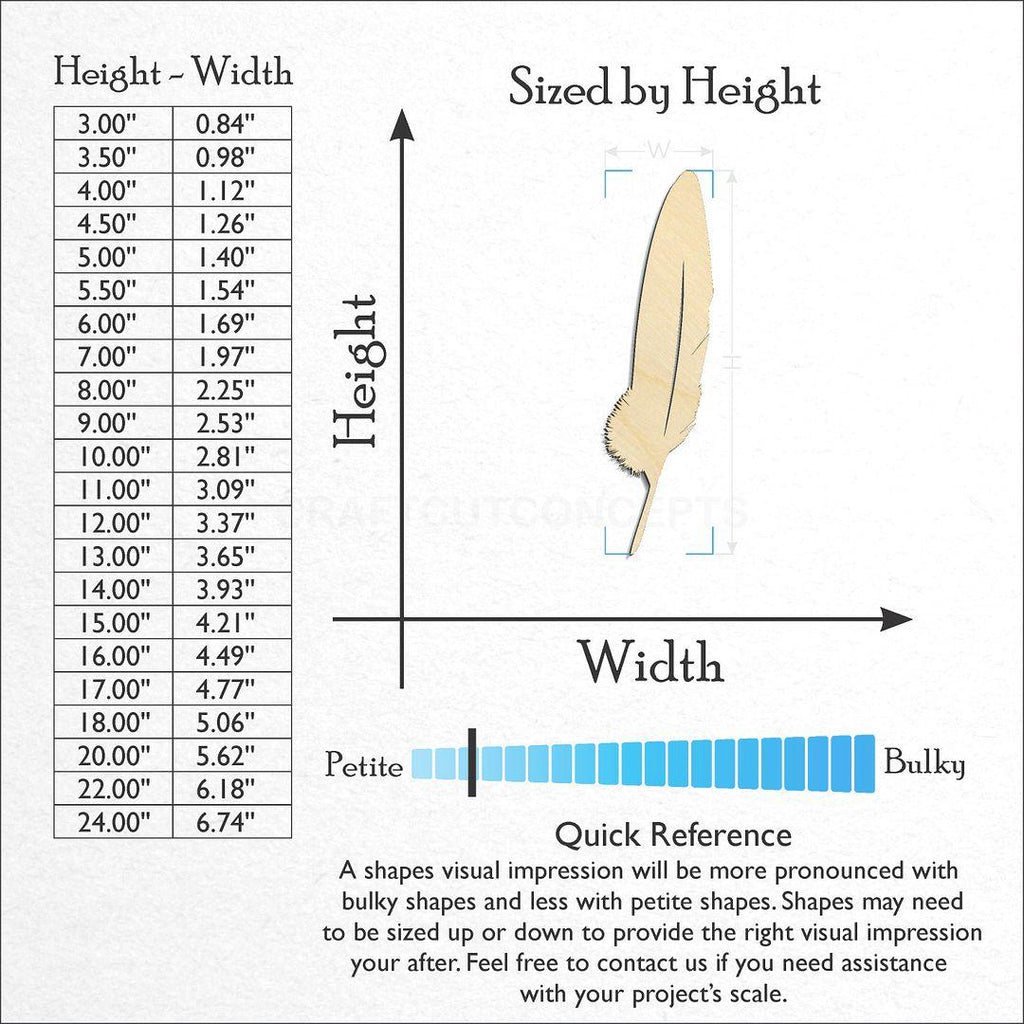 Sizes available for a laser cut Feather-4 craft blank