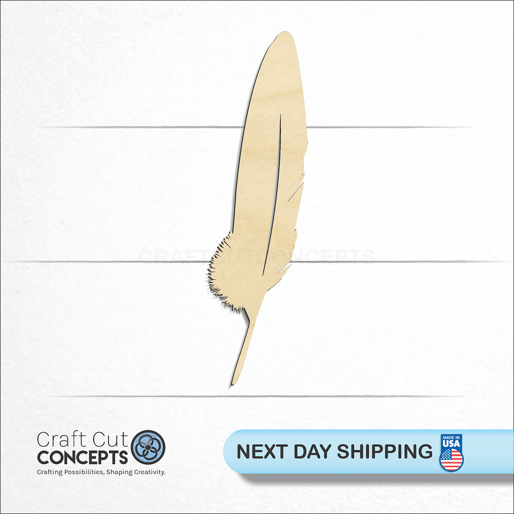 Craft Cut Concepts logo and next day shipping banner with an unfinished wood Feather-4 craft shape and blank