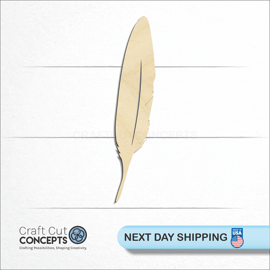 Craft Cut Concepts logo and next day shipping banner with an unfinished wood Feather-5 craft shape and blank