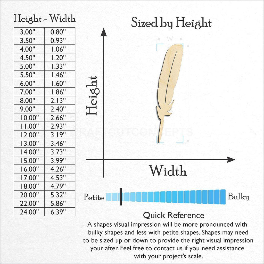 Sizes available for a laser cut Feather-6 craft blank