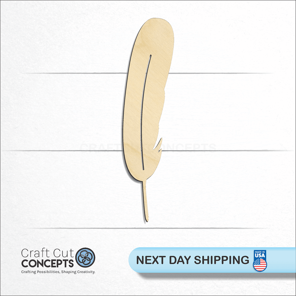 Craft Cut Concepts logo and next day shipping banner with an unfinished wood Feather-7 craft shape and blank