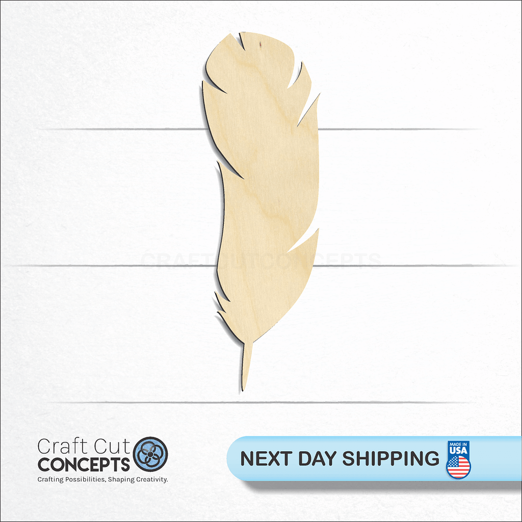 Craft Cut Concepts logo and next day shipping banner with an unfinished wood Feather-8 craft shape and blank