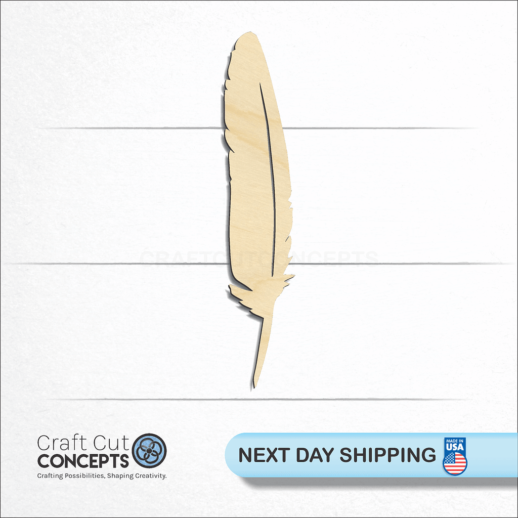 Craft Cut Concepts logo and next day shipping banner with an unfinished wood Feather craft shape and blank