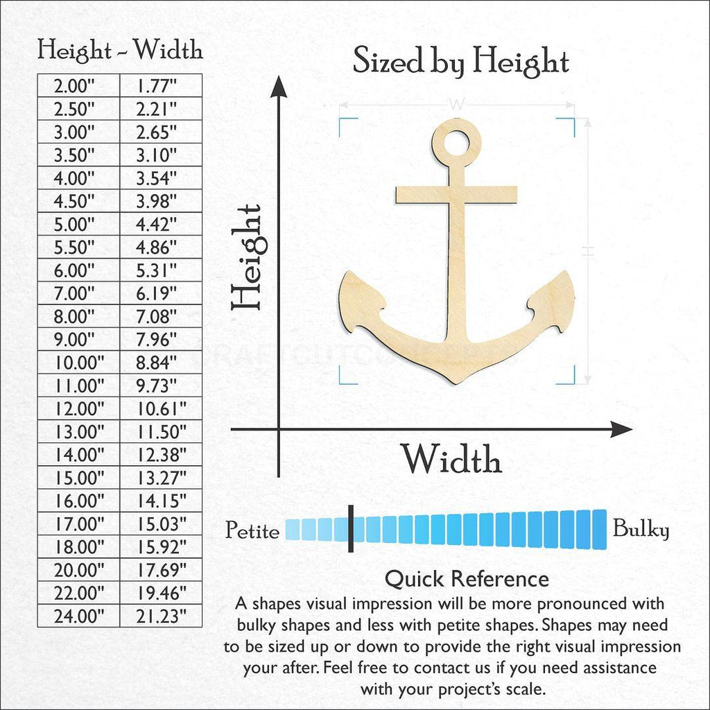 Sizes available for a laser cut Anchor-2 craft blank