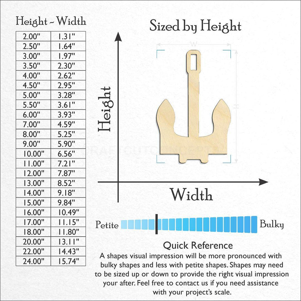 Sizes available for a laser cut Anchor-3 craft blank