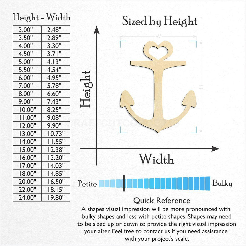 Sizes available for a laser cut Anchor-4 craft blank