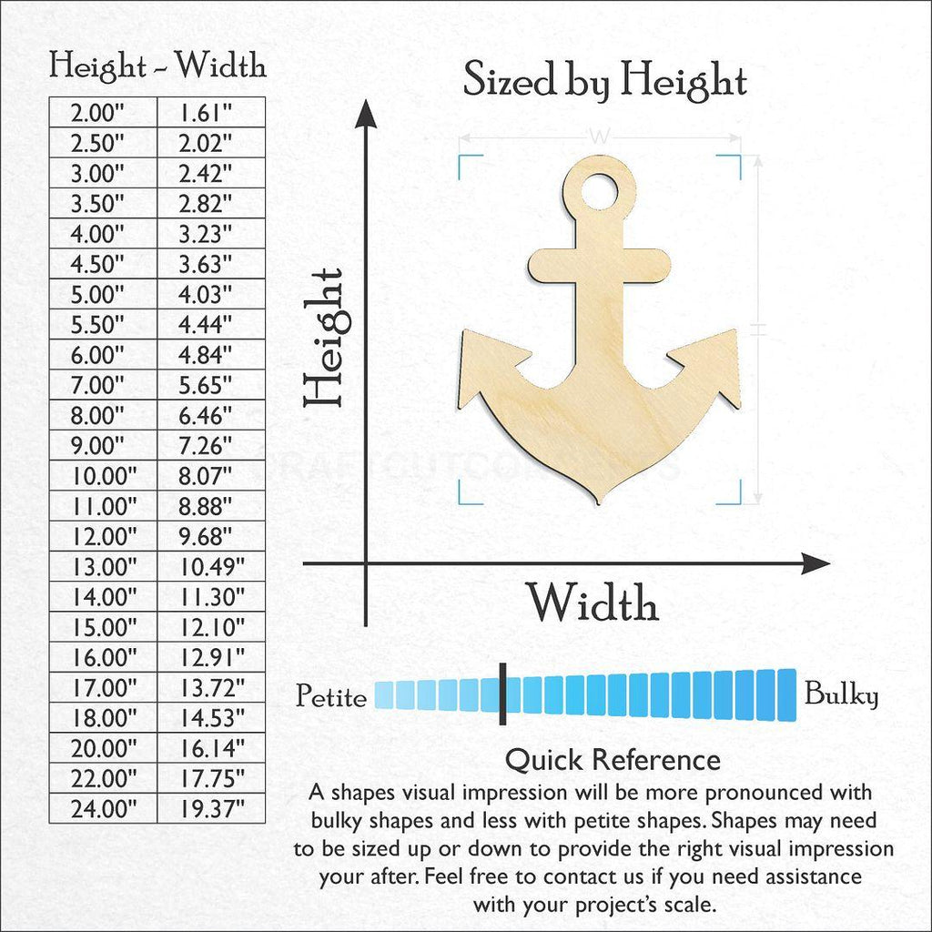 Sizes available for a laser cut Anchor-5 craft blank