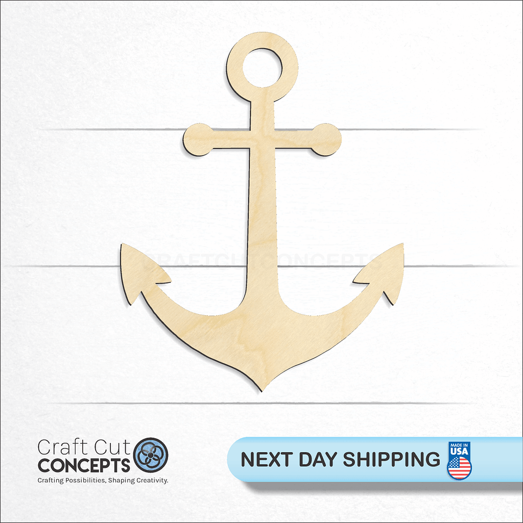 Craft Cut Concepts logo and next day shipping banner with an unfinished wood Anchor craft shape and blank