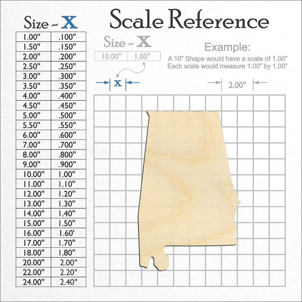 A scale and graph image showing a wood State - Alabama CRAFTY craft blank