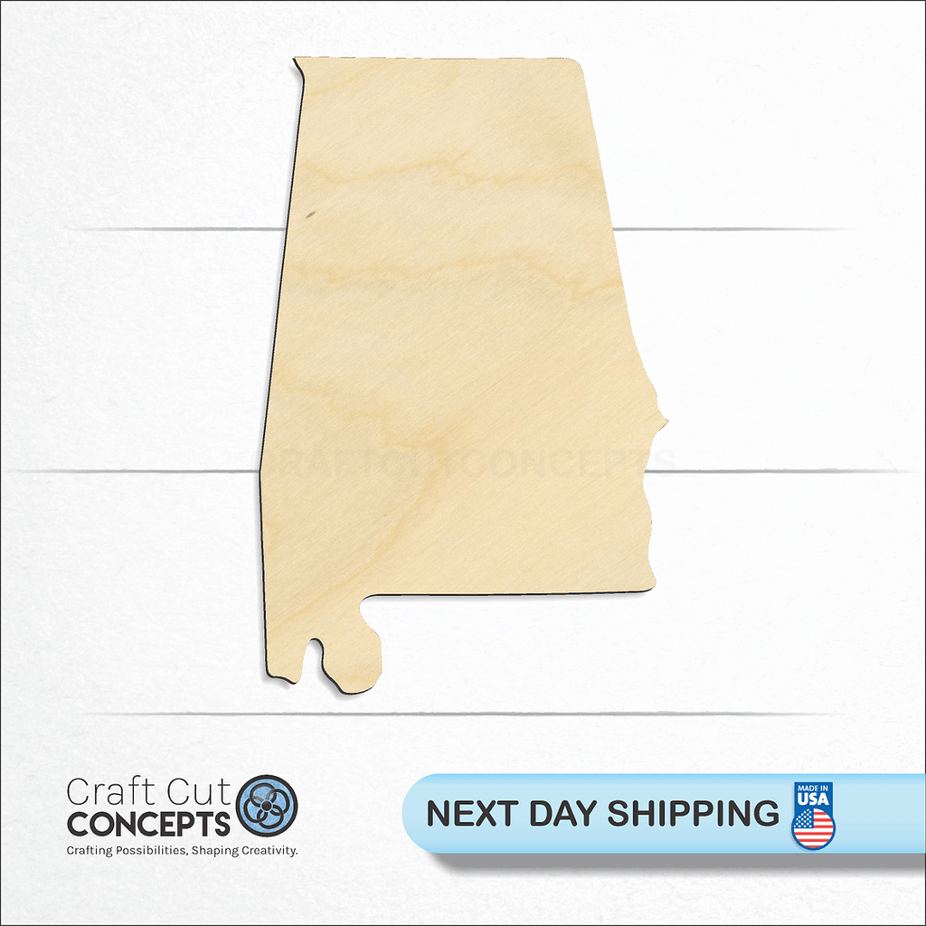 Craft Cut Concepts logo and next day shipping banner with an unfinished wood State - Alabama CRAFTY craft shape and blank