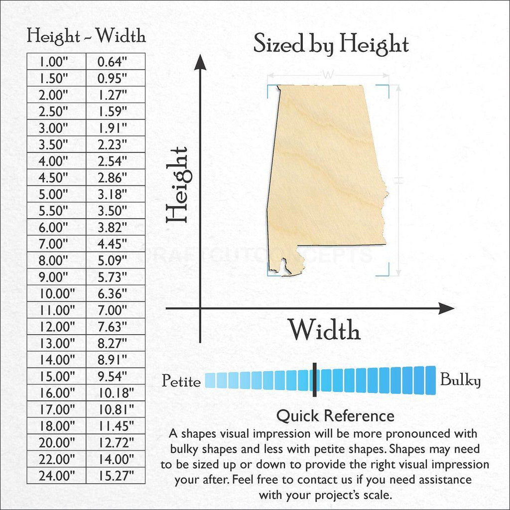 Sizes available for a laser cut State - Alabama craft blank