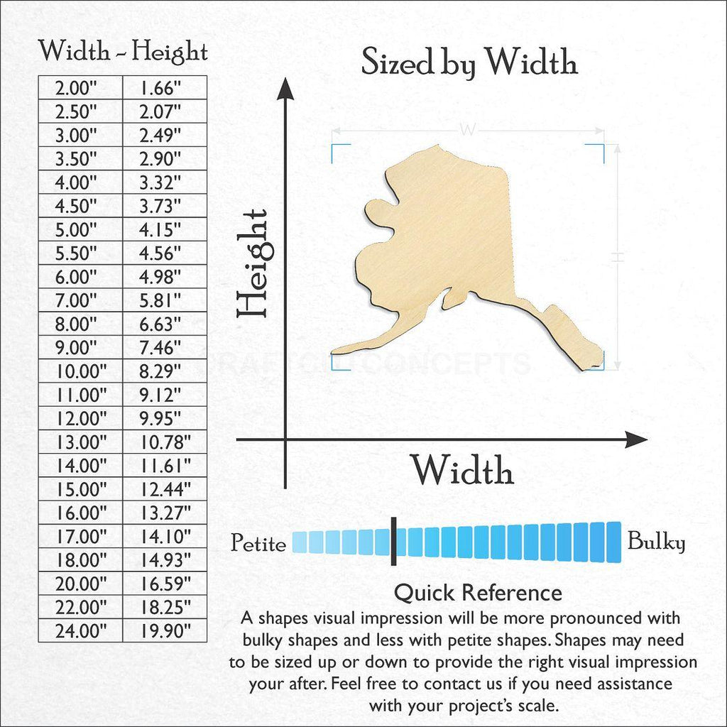 Sizes available for a laser cut State - Alaska CRAFTY craft blank