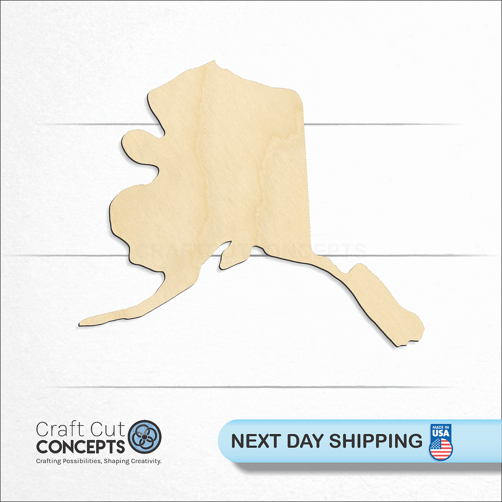 Craft Cut Concepts logo and next day shipping banner with an unfinished wood State - Alaska CRAFTY craft shape and blank