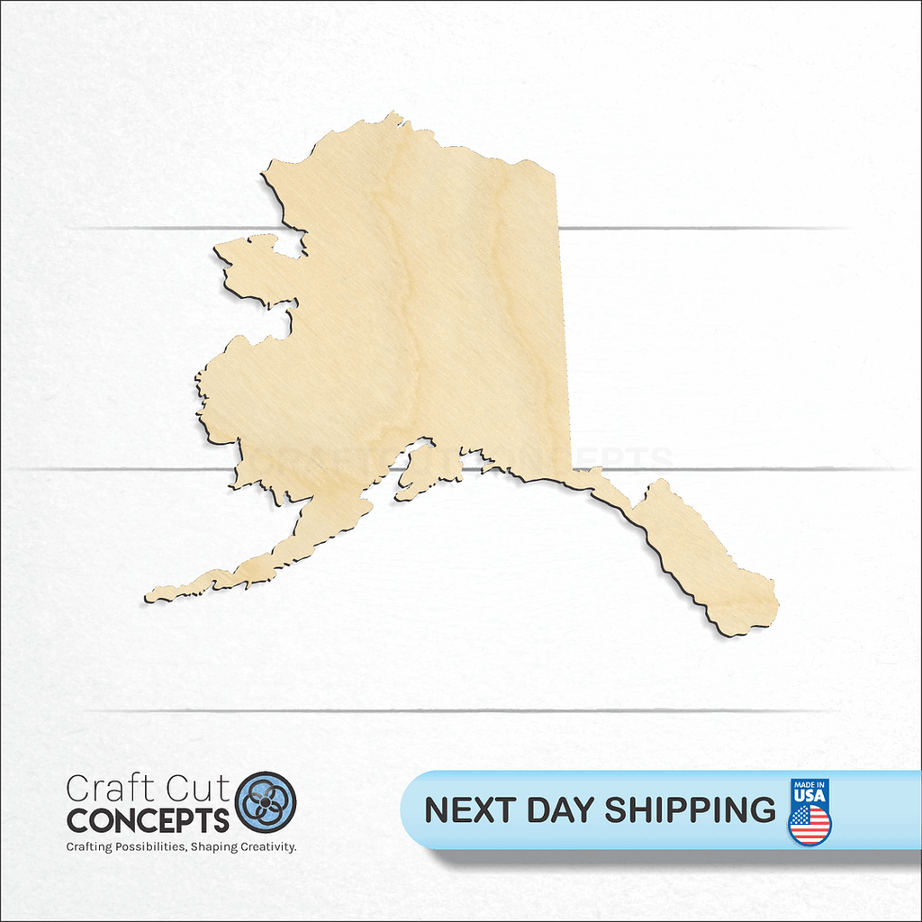 Craft Cut Concepts logo and next day shipping banner with an unfinished wood State - Alaska craft shape and blank