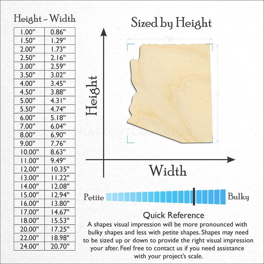 Sizes available for a laser cut State - Arizona CRAFTY craft blank