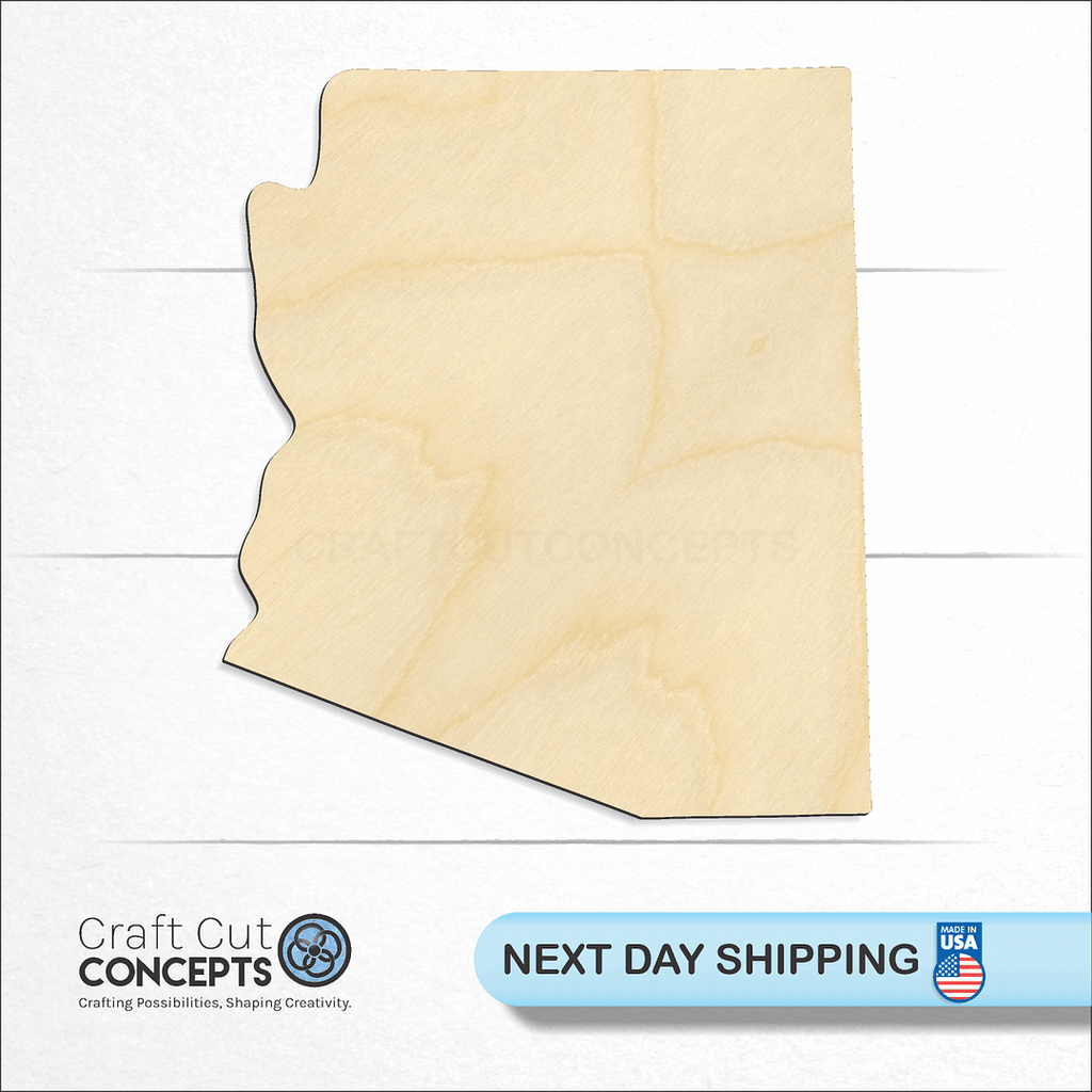 Craft Cut Concepts logo and next day shipping banner with an unfinished wood State - Arizona CRAFTY craft shape and blank