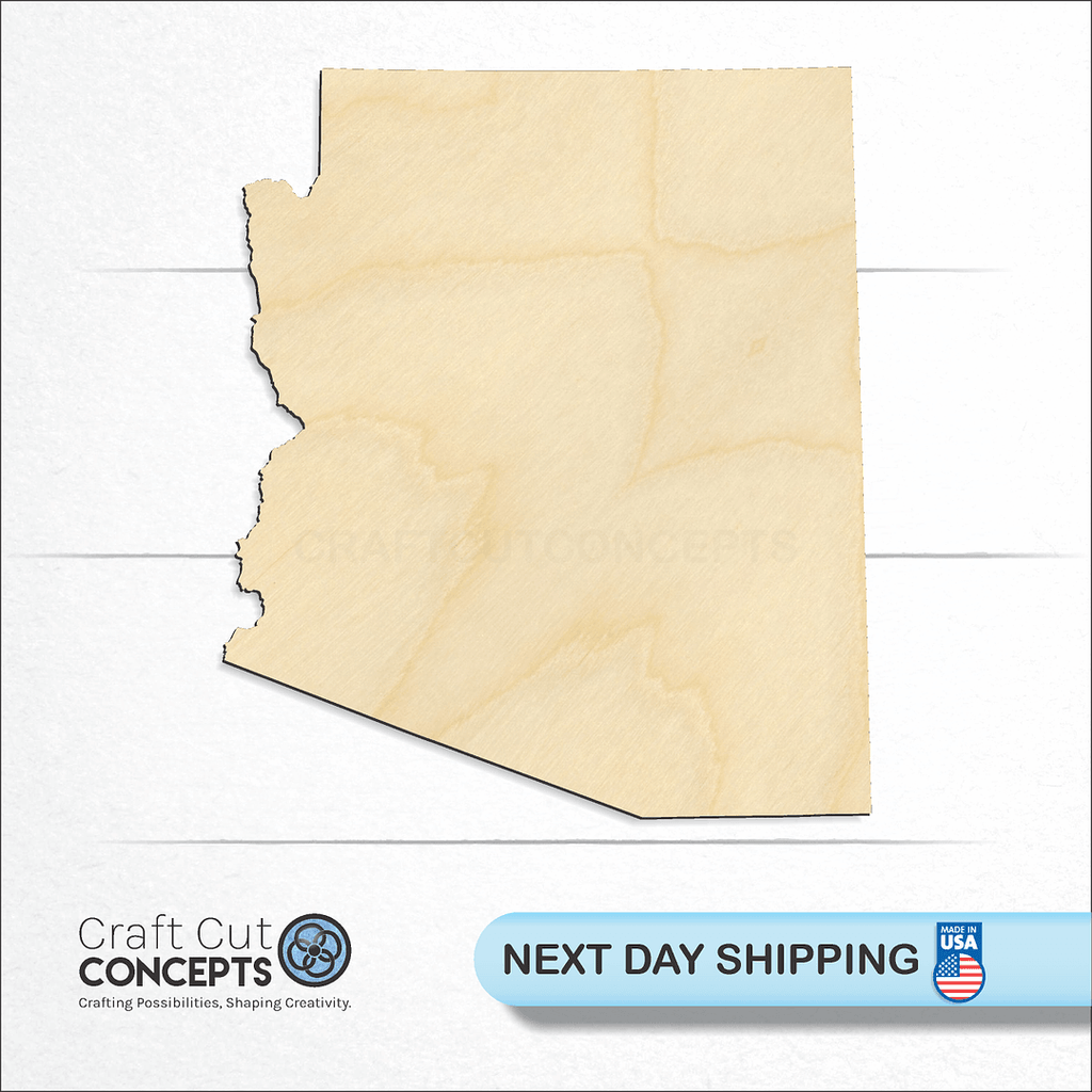 Craft Cut Concepts logo and next day shipping banner with an unfinished wood State - Arizona craft shape and blank