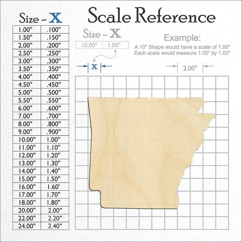 A scale and graph image showing a wood State - Arkansas CRAFTY craft blank